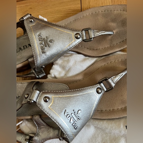 Prada Logo Plaque Metallic Leather Ankle-Strap Thong Sandals Size 7.5 US - Picture 6 of 8